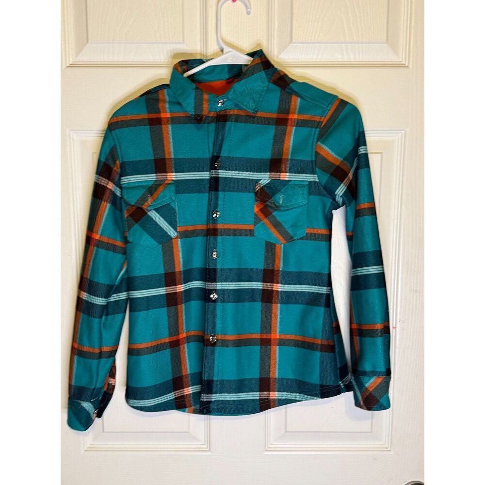 Boys M Plaid Fleece Lined Snap Front Shirt Jacket Teal Orange Flannel Coat